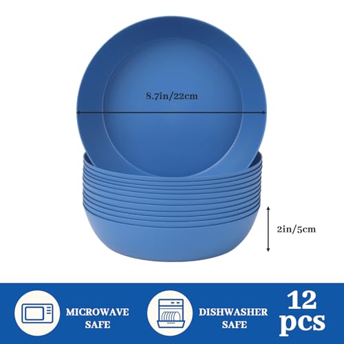 12-Pack 8.6 Inch Plastic Salad Bowls,Lightweight Unbreakable Dinner plates for Daily Use, Microwave & Dishwasher Safe Plates,Plastic Plates for Camping, Outdoor, food, Fruit (Blue) - color: Blue, size: 8.6 Inch
