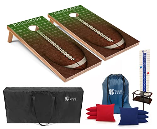 Tailgating Pros Cornhole Boards - 4'x2' Regulation Boards w/Carrying Case, Score Keeper, & Set of 8 Corn Filled Bags w/Tote - size: 4'x2' Boards w/ LED Ring Lights, style: Football