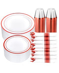 Goodluck 350 Piece Red Plastic Dinnerware Set for 50 Guests, Fancy Disposable Plates for Party, Include: 50 Dinner Plates, 50 Dessert Plates, 50 Pre Rolled Napkins with Silverware, 50 Cups - color: White Red, style: 350 Piece (50 guests)