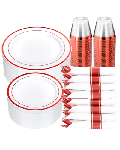 Goodluck 350 Piece Red Plastic Dinnerware Set for 50 Guests, Fancy Disposable Plates for Party, Include: 50 Dinner Plates, 50 Dessert Plates, 50 Pre Rolled Napkins with Silverware, 50 Cups - color: White Red, style: 350 Piece (50 guests)