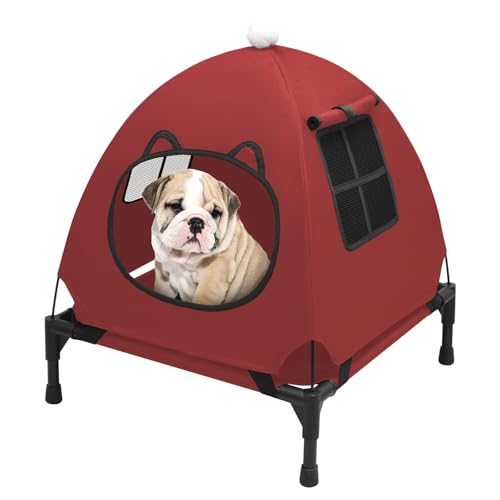 Pozico Elevated Pet Bed with Breathable Mesh for Small Cat and Dog, Raised Cooling Pet Cot for Puppy and Kitty, 18.9x18.9 inch (Red Bed with Canopy) - color: Red Bed with Canopy