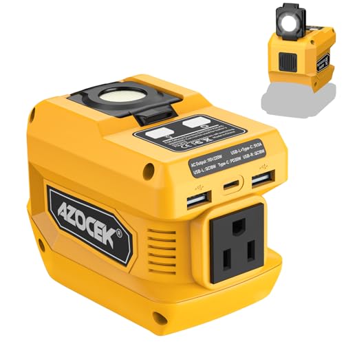 Azocek 220W Power Inverter Compatible with Dewalt 20V Battery(Battery not Included), DC 20V to AC 110V, 2 USB Ports & 1 Type-C Fast Charging, 400LM LED Work Light - color: Yellow, size: 1-PACK