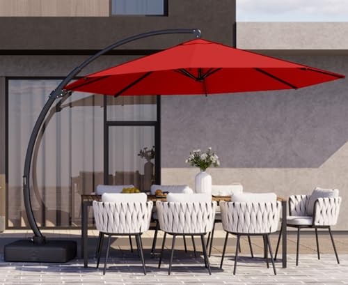 Kingdura 12ft Offset Cantilever Patio Umbrella with Base Included, Large Round Aluminum Outdoor Umbrella, 360° Rotation & Infinite Tilt, Heavy Duty Frame for Deck Pool Backyard, Red - color: Red, size: 12 FT