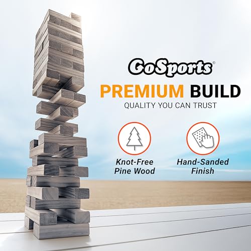 GoSports Giant Wooden Outdoor Stacking Game – Stacks Up to 3 ft – Large Toppling Tower with Case for Yard Games, Family Game Night, Camping, and Parties - color: Gray Wood Stain