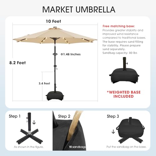 wikiwiki 10FT Solar Led Patio Umbrella with Base Included, 32 LED Lights, 8 Sturdy Ribs, Fade Resistant Waterproof POLYESTER DTY Canopy for Garden, Lawn, Deck, Backyard & Pool, Beige - color: Beige, size: 10FT