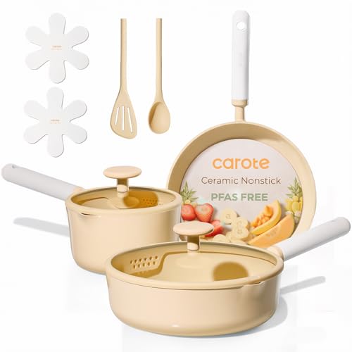 CAROTE Ceramic Cookware Set Nonstick, 9pcs Pots and Pans Set Non stick, Non-Toxic & PFAS-Free,Dishwasher, RV/Camping Cookware Set,Sauce Pan with Lid, Yellow - color: Yellow, size: Saucepan