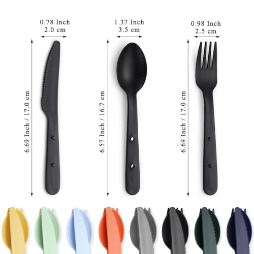 Kyraton Travel Utensils Set for 8, Reusable Plastic Spoons Forks Knives Snapped Together for Portable & Space-Saving Design Cutlery Silverware for Travel, Picnic, Camping, Work, Lunch Boxes
