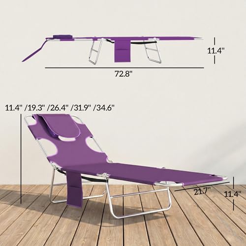 Outsunny Chaise Lounge Chair Outdoor with Face Arm Hole, 5-Position Reclining Face Down Tanning Chair with Carry Strap, Side Pocket, Portable Folding Bed Cot for Patio Beach Pool, Purple - color: Purple, size: 1 Piece