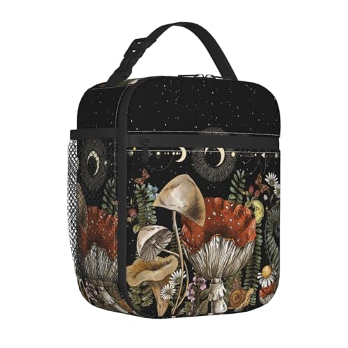 Vintage Mushroom Cute Forest Magic Leaf Forest Insulated Lunch Bag Portable Reusable Zipper Lunch Box For Men Women Work Picnic Travel Camping - color: Black2