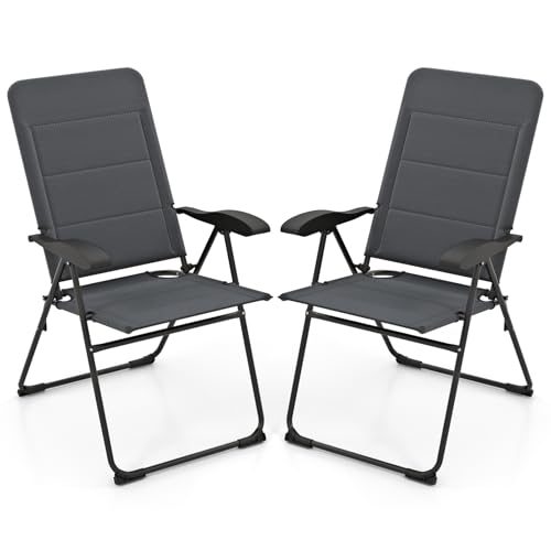 Tangkula Patio Chairs Set of 2, Folding Patio Dining Chairs with 7 Adjustable Backrest Positions, Outdoor Padded Lawn Chairs for Patio Garden Poolside Yard Beach, Support 300 lbs (2, Grey) - color: Grey