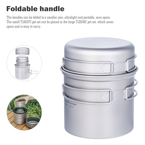 iBasingo Backpacking Cookset Titanium Camping Pots Set Ultralight Outdoor Picnic Pots Pans with Folding Handle Druable Portable Cooking Mess Kit Compact Picnic Dishes Bowls Cups (Multiple Sizes) - color: Ti2038C-1000ml+500ml pot pan set