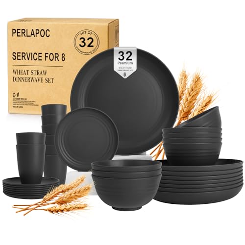 Wheat Straw Dinnerware Sets for 8, 32 PCS Unbreakable Plates and Bowls Sets, Reusable Dinnerware Set for Kitchen Outdoor and Apartment Dinning Essentials - Black - color: Black, size: 32 PCS