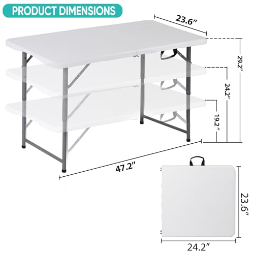 SUPER DEAL Portable 4 Foot Plastic Folding Table, Indoor Outdoor Heavy Duty Fold-in-Half Picnic Party Camping Barbecues Table with Carrying Handle, White - size: 4 FT