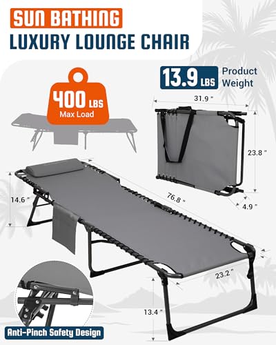 KingCamp Lounge Chair Outdoor,400LBS Tanning Chairs for Outside,Adjustable 5-Position Patio Lounge Chair Sunbathing Chase Lounge Chair Outdoor for Outside Beach Patio Sun Bathing Pool Backyard - color: A*trifold Origins——grey, style: 400lbs&Pinch-Proof Sa