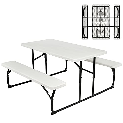 Giantex Folding Picnic Table Bench Set, Outdoor Dining Table Set, Large Camping Table for Patio Deck Lawn Garden Backyard Poolside, Portable Picnic Tables, Weather Resistant Metal Frame, White - color: White