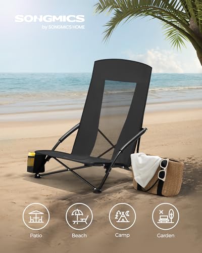 SONGMICS Set of 2 Portable Beach Chairs for Adults, Max. Load 330 lb Each, High Backrest, Cup Holder, Lightweight, Heavy-Duty, Black UGCB067B01V1 - color: Black, style: 2 Pack