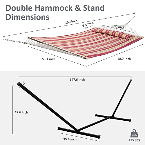 SUNCREAT Outdoor Hammock with Stand, Two Person Quilted Fabric Hammock Swing with 12ft Steel Stand, Red Stripes - color: Red&brown, size: 12 ft Stand