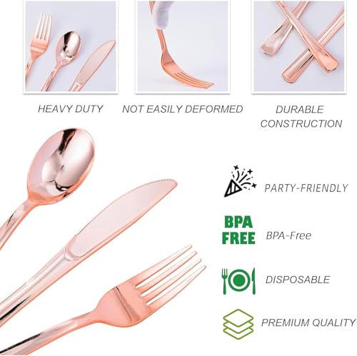 N9R 300PCS Rose Gold Plastic Silverware, Heavy Duty Plastic Cutlery Set, Disposable Rose Gold Utensils Include 100 Forks, 100 Spoons, 100 Knives, Perfect for Party Decorations - color: Rose Gold-300Pack