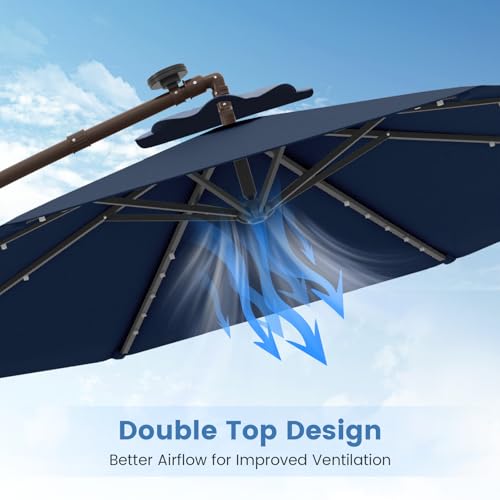 Tangkula 10FT Offset Patio Umbrella with Base Included, Outdoor Cantilever Umbrella with 40 Solar LED Lights, Tilt Adjustment, Crank Handle, Vented Top, Sand Bags for Pool Yard Deck (Navy) - color: Navy