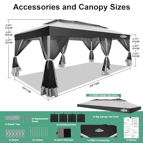 COBIZI 10x20 Pop up Gazebo, One-Push Setup Canopy Tent with Mosquito Netting & Vented Roof Design, Upgrade Metal Easy up Canopy Carpa Outdoor Gazebos for Backyard Camping Deck Party(White & Gray) - color: White & Gray, size: 10x20 FT Upgraded