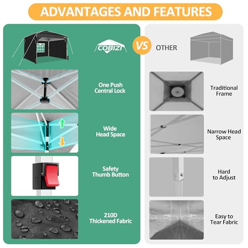 COBIZI Canopy Tent 10x10, Easy Up 10x10 Pop Up Canopy for Party Camping, Party Tents with One Push Central Button Air Vent, Outdoor Gazebo Tent with Sidewalls and Reflective Strip(Black) - color: Black, size: 10x10ft with 3 sidewalls