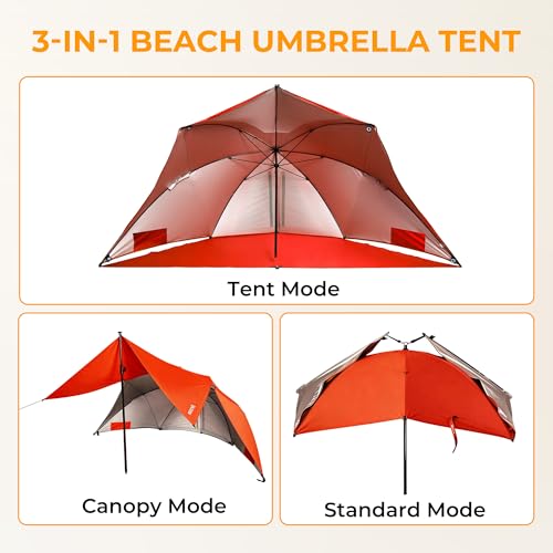 HOMEDEMO Beach Umbrella Tent (9.5ft, Red) with Fan Canopy, 3-in-1 Umbrella Shade Shelter for Beach, Picnic, Bleacher, Sports Games - style: Red