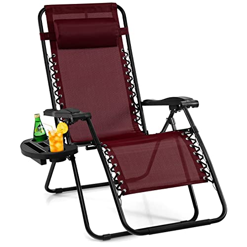 Giantex Zero Gravity Reclining Chair, Outdoor Patio Recliner with Cup Holder & Removable Pillow, Adjustable Backrest, Indoor Lounge Chair for Backyard, Garden, Poolside (Burgundy) - color: Burgundy, size: 1 Count (Pack of 1)