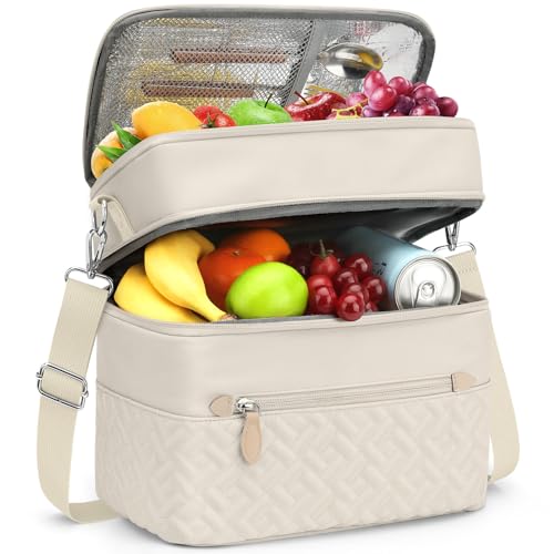 Capolo Lunch Box for Women Men Adults,Double Deck Insulated Lunch Bag Leakproof Lunch Cooler Box with Removable Strap Lunch Tote Bags Reusable Thermal Lunchbox for School Work Picnic(Large,Beige) - color: Beige, size: Large
