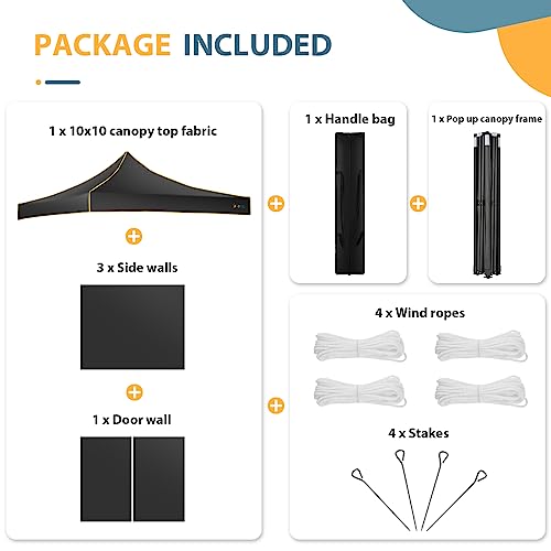 Hoteel Canopy Tent 10x10 Pop up Canopy, Easy Setup Canopy Heavy Duty Gazebo with 4 Sidewalls Waterproof & UPF 50+, Portable Bag, 3 Height Adjustable, Black - color: Black, size: 10x20FT (Upgraded)