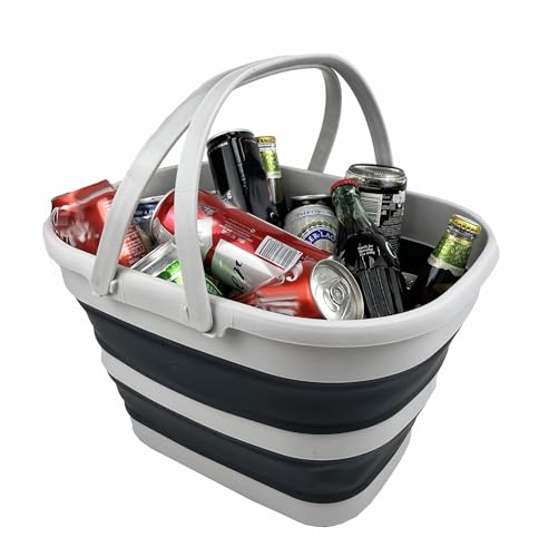 SAMMART 17L (4.5 Gallon) Collapsible Basket with Handle - Portable Outdoor Picnic Basket/Crater - Foldable Shopping Bag - Space Saving Storage Container (Grey/Slate Grey)