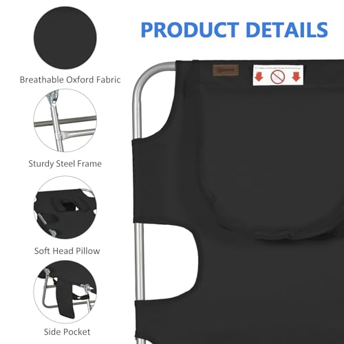 Majnesvon Folding Beach Lounge Chair with Face Hole and Arm Slots, 5-Level Adjustable Sun Lounger Tanning Chair with Pillow for Patio, Garden, Beach, Pool (Black) - color: Black