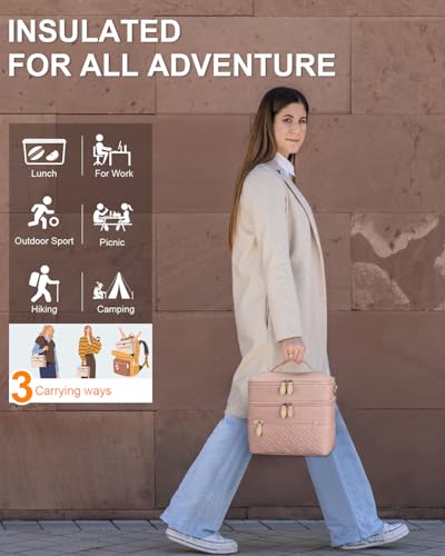 Capolo Lunch Box for Women Men Adults,Double Deck Insulated Lunch Bag Leakproof Lunch Cooler Box with Removable Strap Lunch Tote Bags Reusable Thermal Lunchbox for School Work Picnic(Large,Pink) - color: Pink, size: Large