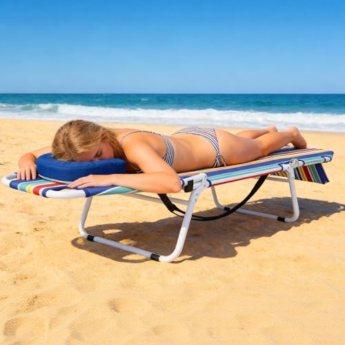 ABORON Tanning Chair with Face Hole, 2-in-1 Folding Camping Cot for Adults, 5-Position Adjustable Lounge Chair with Pillow, Heavy Duty 600D Oxford Portable Cot for Beach, Patio, Poolside - color: Classic Stripe