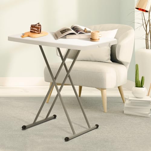 Athena Collection Folding TV Tray Couch Table 26 Inch Wide with 4 Height Adjustable, Portable Small Folding Table Dinner Tray Laptop Table for Living Room Small Space for Eating on Bed Sofa Couch - color: White-x Foot, size: 17.5"D x 26"W