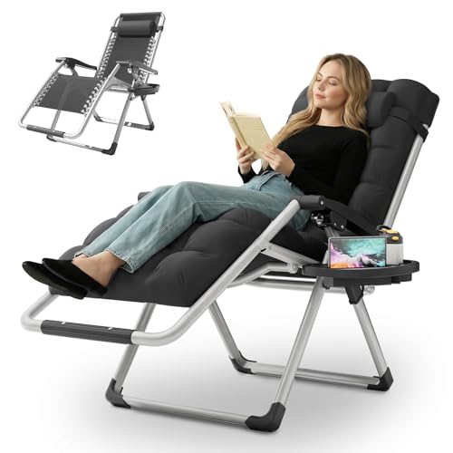 MoNiBloom Reinforced Zero Gravity Chair, Folding Pool Beach Lounger, Portable Tanning Chaise with Cushion, Headrest and Side Tray, 330lbs Capacity - Black - color: Black, size: Standard 1-Pack