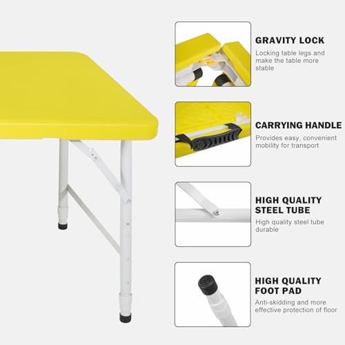 Portable Plastic Folding Table 4ft/6ft/8ft Heavy Duty White Black Picnic Dining Table Fold-in-Half for Camp Party Kitchen Indoor Outdoor - color: Yellow, size: 4FT, style: Flat Desktop