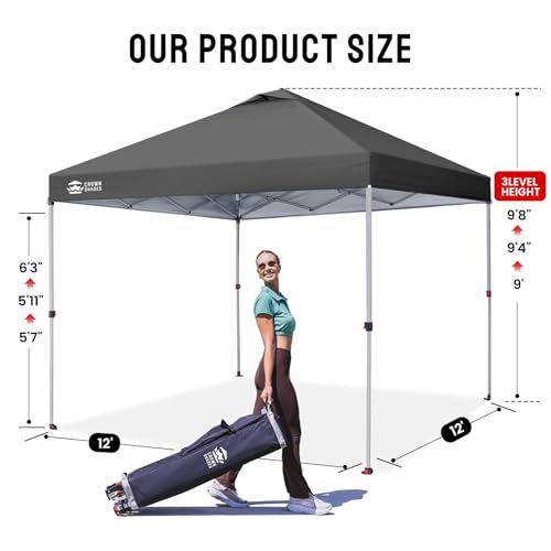 CROWN SHADES 12x12 Pop Up Canopy - Beach Tent with One Push Setup - Easy Outdoor Sun Shade Shelter for Events, Parties - Gazebo with STO-N-Go Cover Bag, Silver Coated Top, Grid Grey - color: Grid Grey, size: 12x12