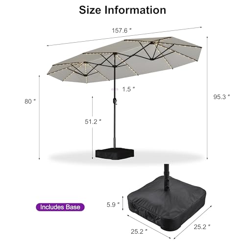 PURPLE LEAF 13ft Patio Market Umbrella with Solar LED and Base Double-Sided Rectangle Outdoor Table Sun Umbrellas with Crank for Pool Beach Deck Backyard Cream - color: Cream, size: 13' X 7' with Lights