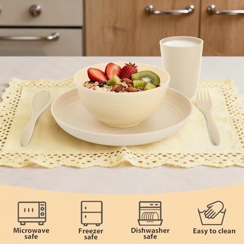 Kitchen Wheat Straw Dinnerware Sets for 4, Unbreakable Kids Dish Set 20 PCS - Dinner Plate/Cereal Bowl/Cup/Fork/Spoon, for Outdoor Camping, RV, Apartment Essentials - Beige - color: Beige, size: 20 PCS