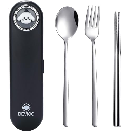 DEVICO Travel Utensils with Case Cute, Reusable Silverware for Lunch, Portable Cutlery Set, 18/8 Stainless Steel Fork Spoon Chopsticks in Cartoon Case, Dishwasher Safe (Black) - color: Black
