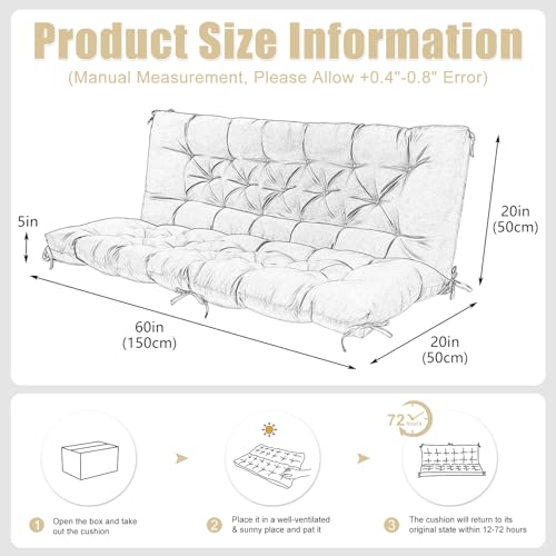 Patio Swing Cushions for Outdoor Furniture Thick 5in Porch Swing Cushions Waterproof 3 Seater 60 inch Outdoor Swing Cushions with Back (Khaki-60x40 inch) - color: Khaki, size: 60x40x5inch