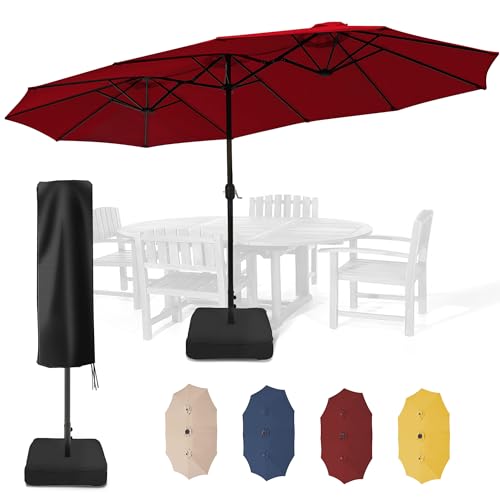 Sundale Outdoor 15ft Large Patio Umbrella with Base Included and Umbrella Cover, Outdoor Double-Sided Umbrella - color: Brick-Red