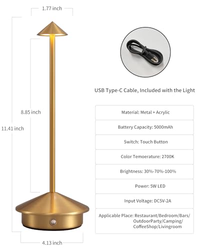 Modern Cordless Table Lamp Set of 2, Portable LED Desk Lamps, 5000mAh Rechargeable Battery Operated Lighting for Bedroom Dining Room Restaurant Coffee Shop Camping Night Light (Gold) - color: Gold (2 Pack)