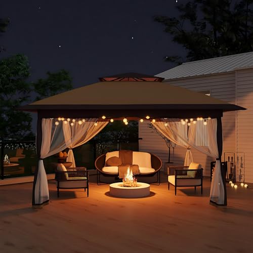 Garvee 12x12FT Pop Up Gazebo with Mosquito Netting, Outdoor Canopy Tent Easy Setup for Backyard Patio Garden Deck, Khaki & Coffee - color: Khaki, size: 12FT