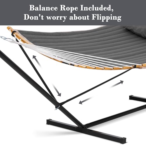 SUNCREAT Double Portable Hammock with Stand, 2 Person Hammock with Curved Spreader Bar, Balance Ropes Included, Dark Gray - color: Dark Gray