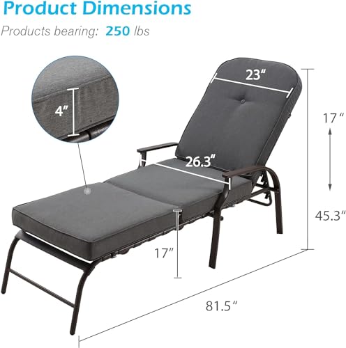 U-MAX Adjustable Outdoor Chaise Lounge Chair Patio Lounge Chair Recliner Furniture with Armrest and Cushion for Deck, Poolside, Backyard (Grey, 2PCS) - color: Grey, size: 2 PCS