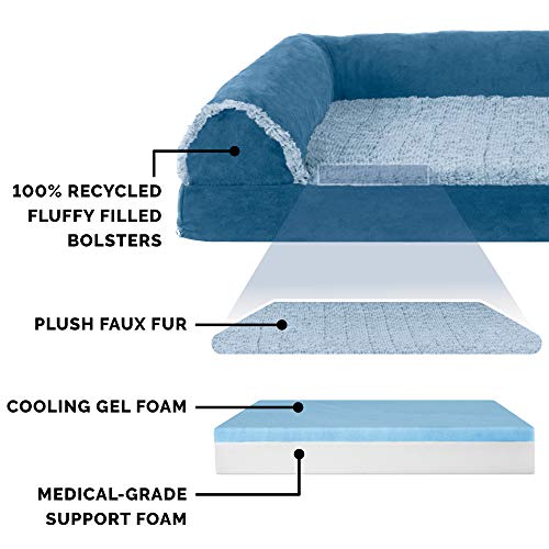 Furhaven Cooling Gel Dog Bed for Large Dogs w/ Removable Bolsters & Washable Cover, For Dogs Up to 95 lbs - Two-Tone Plush Faux Fur & Suede L Shaped Chaise - Marine Blue, Jumbo/XL - color: (Two-Tone Faux Fur & Suede) Marine Blue, size: Jumbo