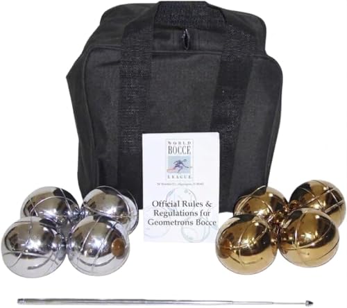 BuyBocceBalls Listing - Unique 73mm Petanque/Bocce Pack - with Mix of 8 Gold/Silver Balls, Black Nylon case, Rule Book and extendable Measuring Device