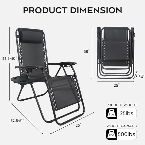Set of 2 Adjustable Zero Gravity Lounge Chairs Outdoor Recliner w/Cup Holder Tray & Removable Pillows, Ergonomic Reclining Chair for Camping Patio Lawn Balcony (Black) - color: Black