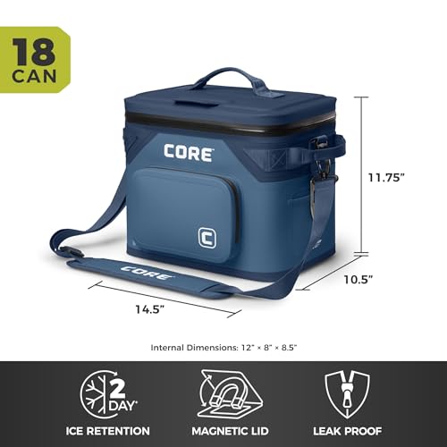 CORE Magnetic Leak Proof Soft Cooler with Waterproof Zipper | Insulated Bag Portable Ice Chest Box | Best Soft Cooler for Food & Beverages for Tailgating, Car Camping, Travel, and Family Beach Picnics - color: Navy, size: 18 Can